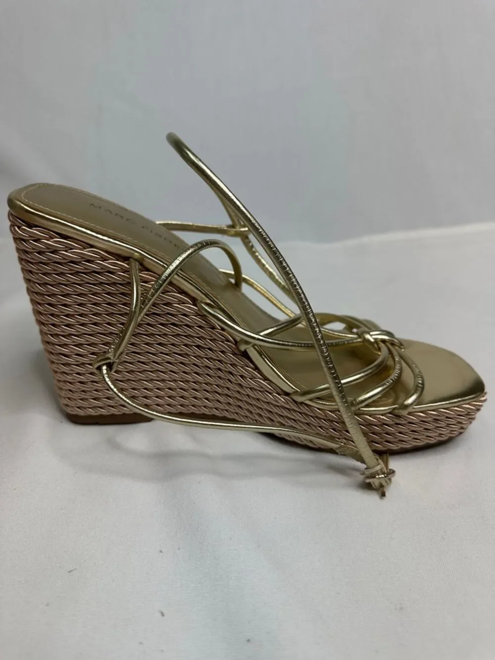 Marc Fisher Gold Metallic Strappy Wedge Sandals with Knot Detail